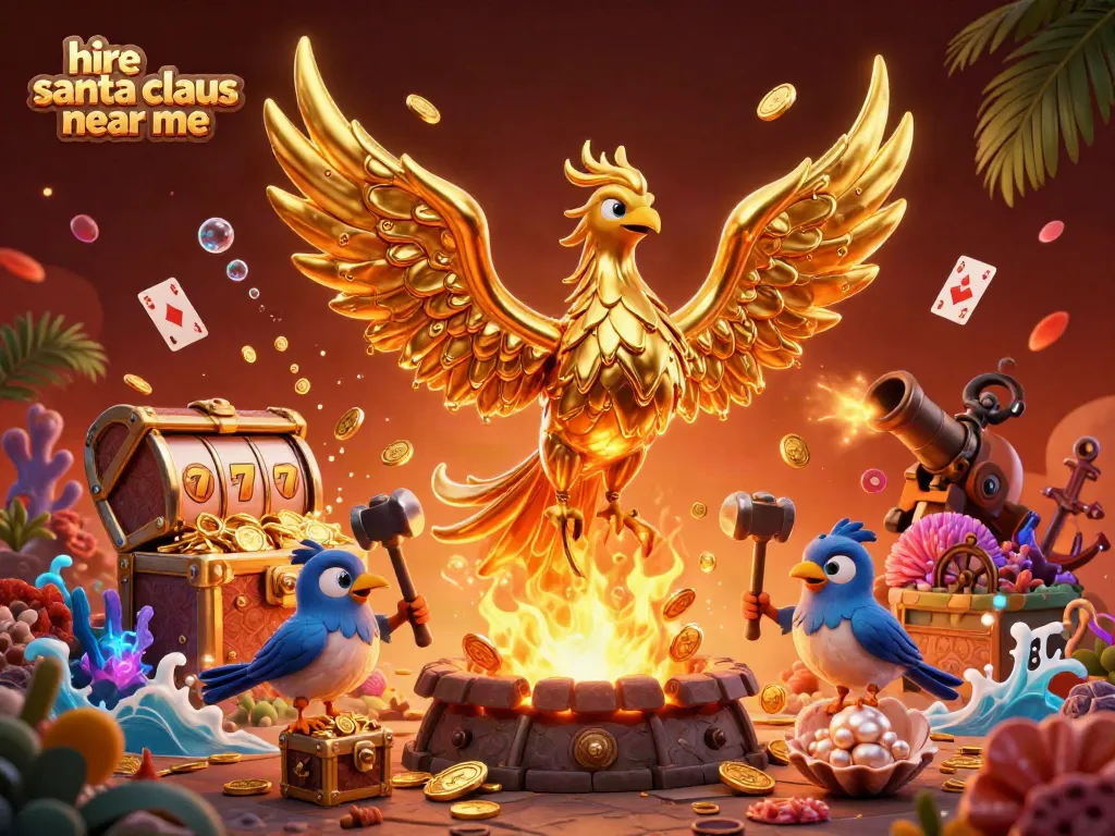 Engage with the magic of hire santa claus near me through a vibrant 3D casino-themed illustration showcasing immersive gaming elements.