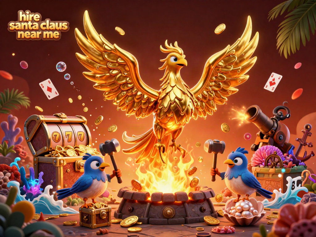 Engage with the magic of hire santa claus near me through a vibrant 3D casino-themed illustration showcasing immersive gaming elements.
