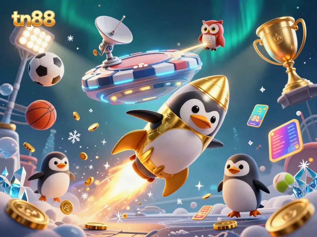 Experience thrilling tn88 gaming action featuring a golden penguin and dynamic sports elements