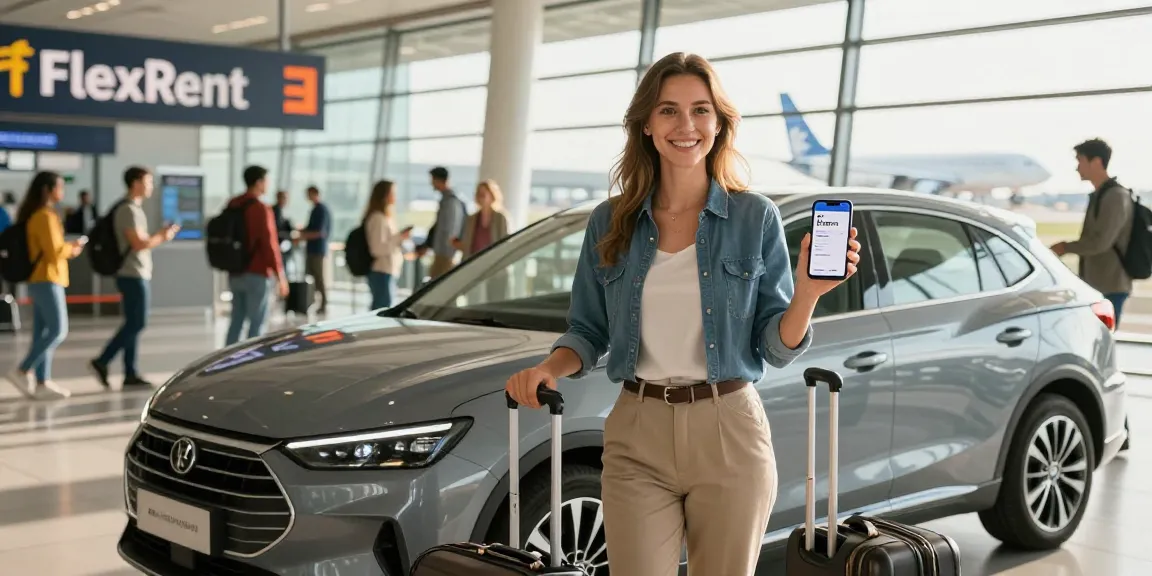 Rent a car chisinau airport service with professional traveler at arrival area, showcasing convenience and efficiency.