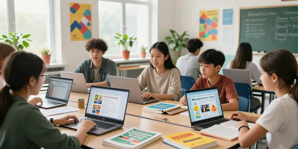 Students engaging in Situs toto online language courses with laptops and textbooks in a bright classroom.