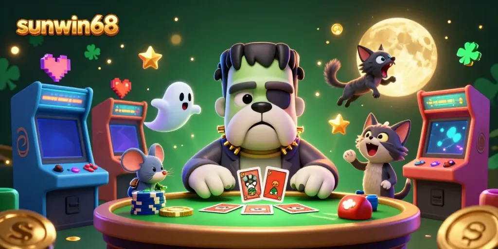 Engage in thrilling gaming with sunwin68's dynamic scene featuring playful creatures at a lively casino table.