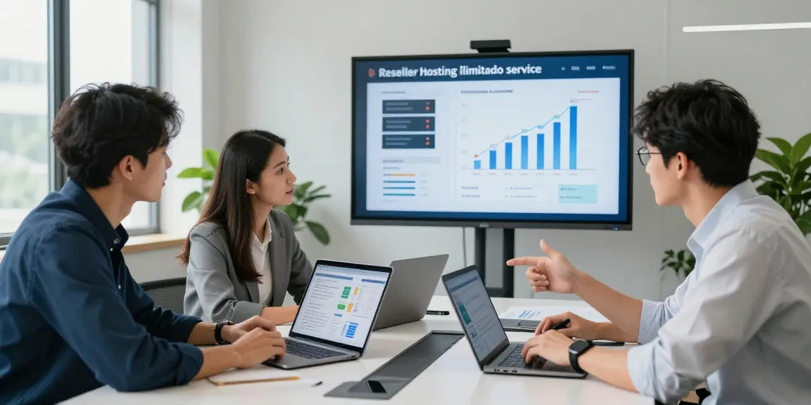 A team collaborating on reseller hosting ilimitado strategy in a modern office.