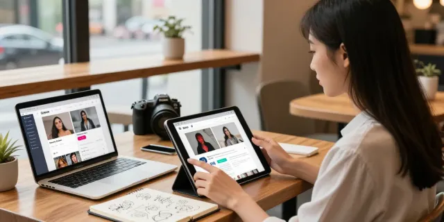 Engaging scene of a modern woman using an AI porn web app on a tablet in a stylish café.