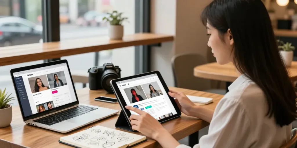 Engaging scene of a modern woman using an AI porn web app on a tablet in a stylish café.