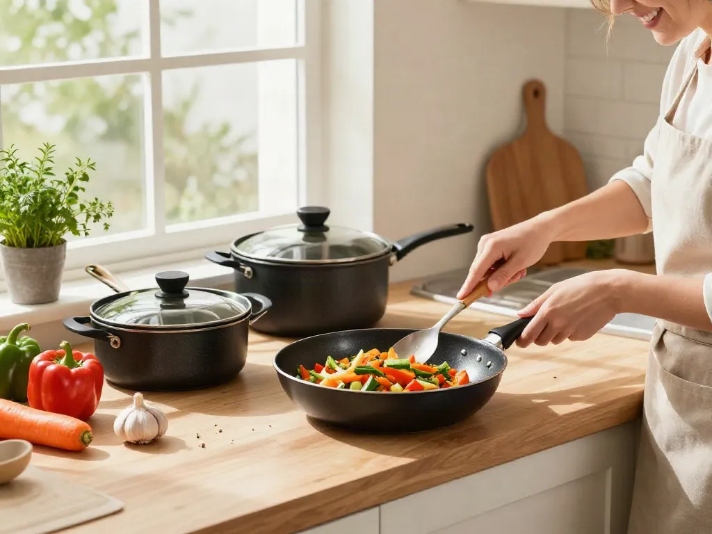Non-Stick Cookware price in bangladesh displayed in a bright kitchen with vibrant vegetables.