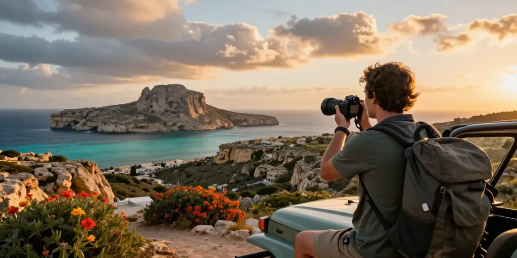 Gozo jeep tour with traveler enjoying the stunning sunset views over island cliffs.