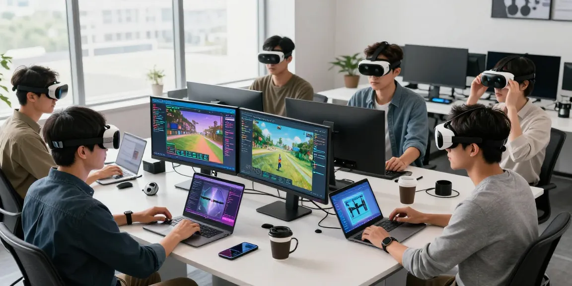 Tech enthusiasts testing AR glasses in a modern workspace with vibrant displays.