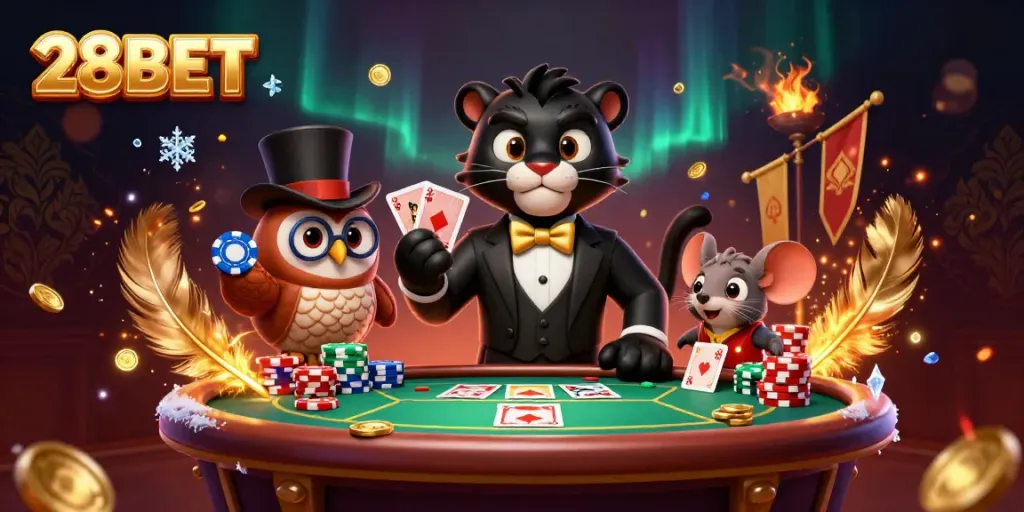 28BET showcases an exciting scene with a panther, owl, and mouse playing cards at a vibrant casino table.