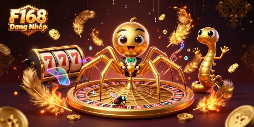 Engage with F168 Đăng Nhập as a golden spider spins a roulette-shaped web, embodying thrilling casino moments.