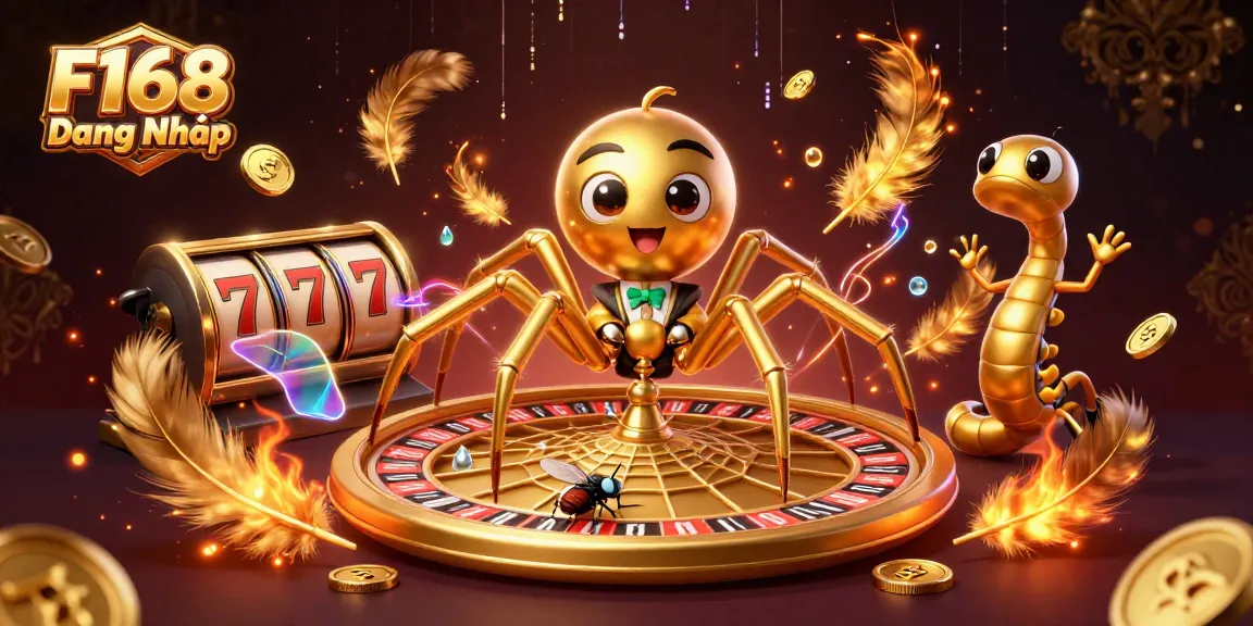 Engage with F168 Đăng Nhập as a golden spider spins a roulette-shaped web, embodying thrilling casino moments.
