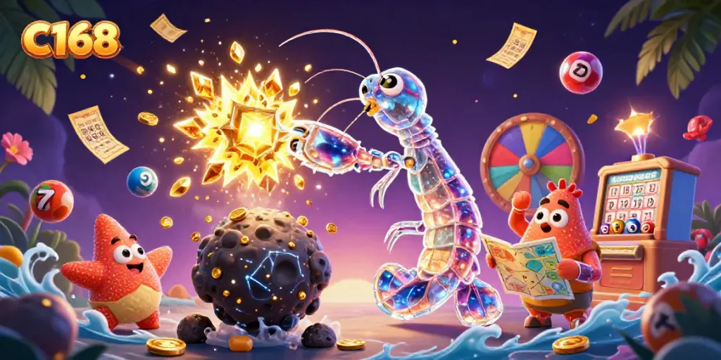 Experience the excitement of C168 with a dynamic 3D illustration of a galactic samurai and prize elements.