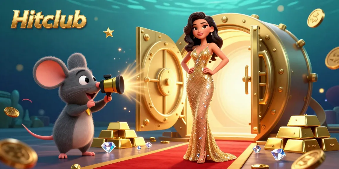 Hitclub presents a vibrant 3D illustration showcasing a glamorous atmosphere with treasures and gambling elements.