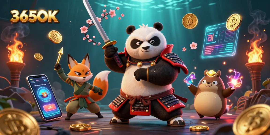 Engage in thrilling gaming at 365OK with a dynamic samurai panda and ninja fox illustration.