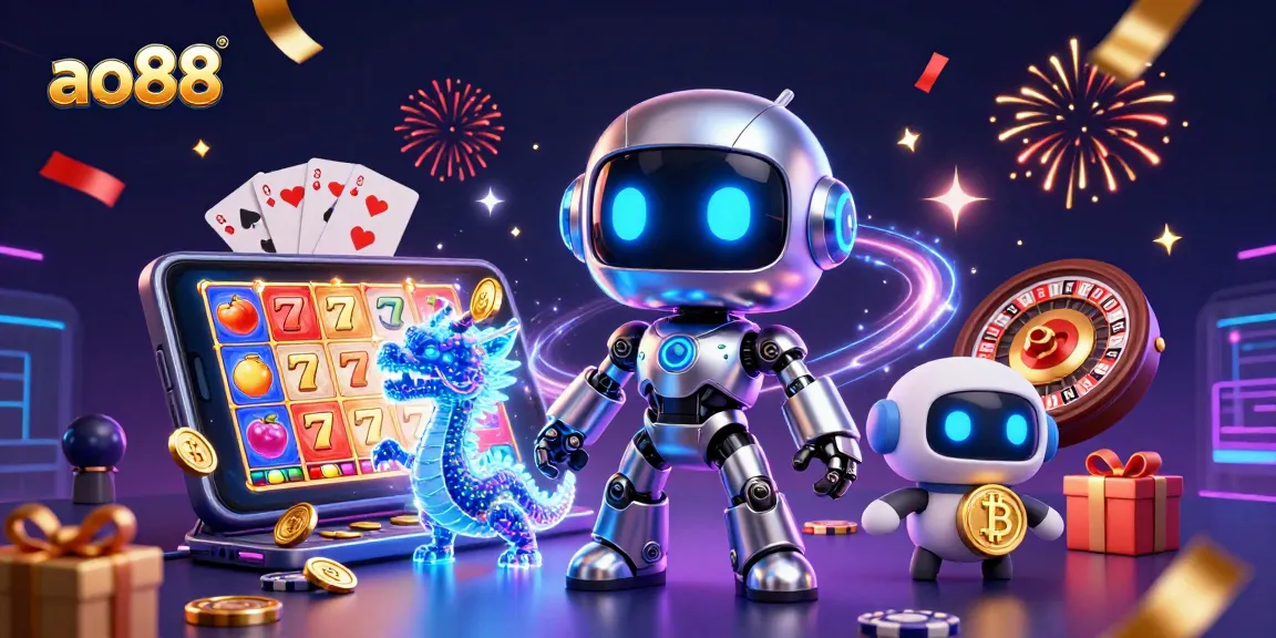 Catch the excitement of ao88 with a vibrant casino scene featuring neon characters and slot games.
