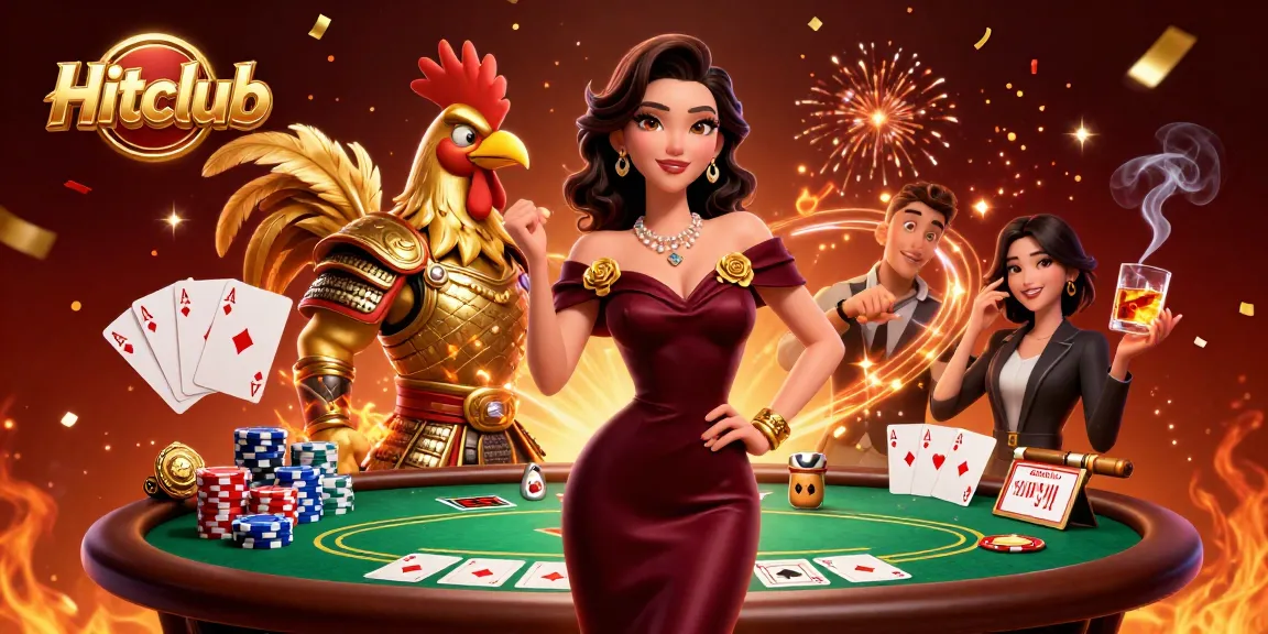 Hitclub showcases a glamorous gaming scene with vibrant characters, poker elements, and casino ambiance.