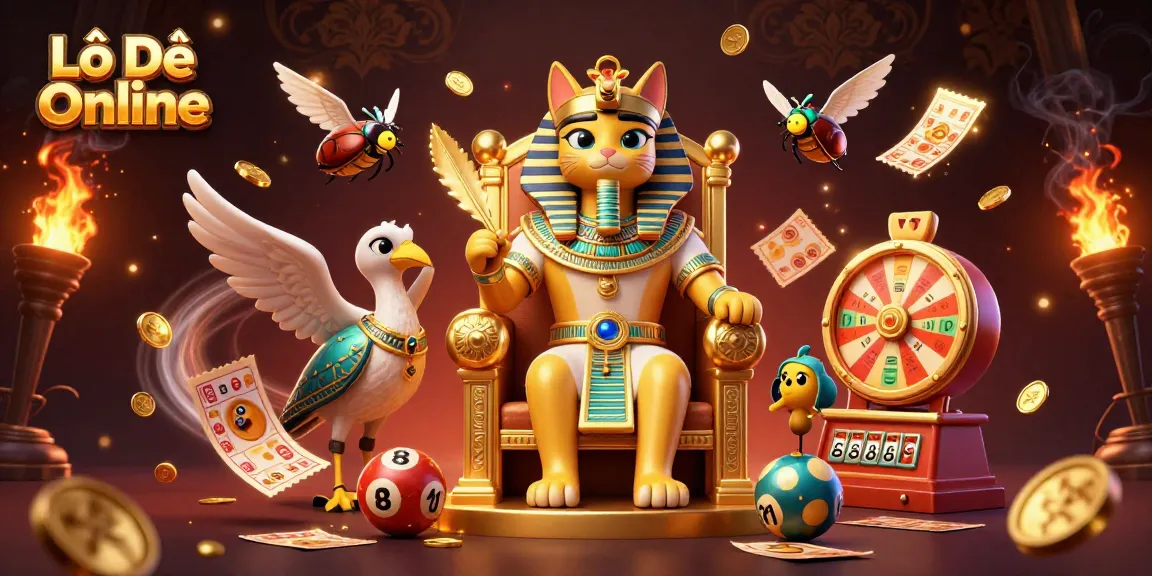 Lô Đề Online showcases vibrant lottery elements with an Egyptian pharaoh cat and scribe amid dynamic gaming activity.
