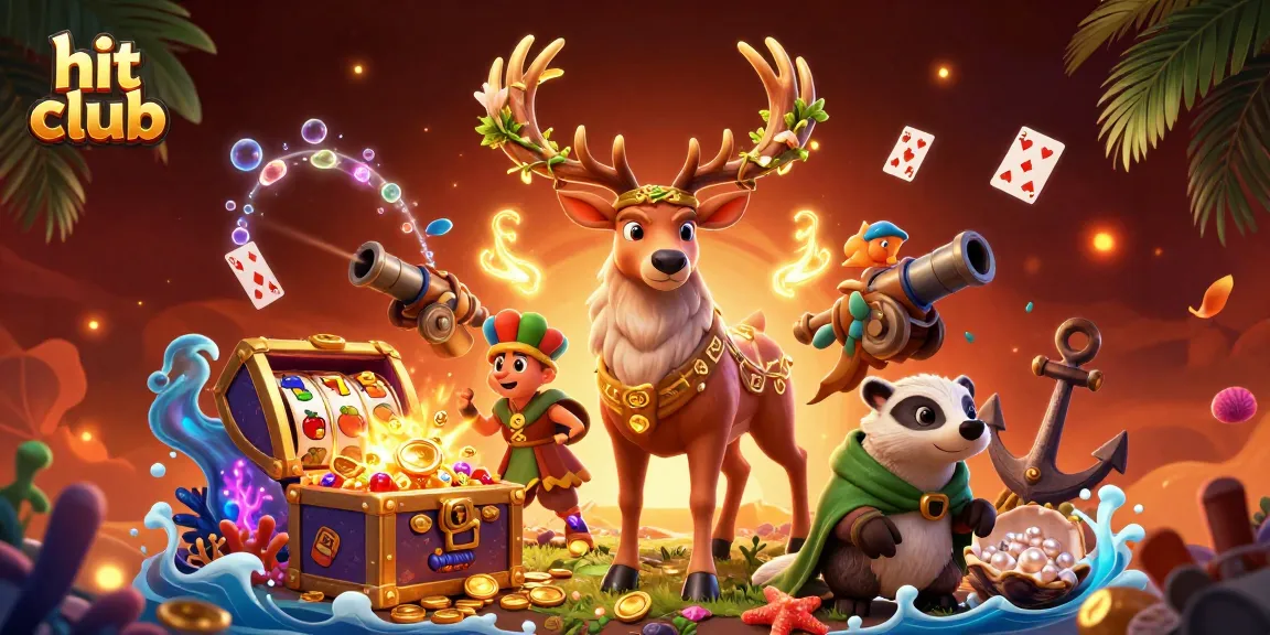 Engage with hit club's thrilling slot games featuring vibrant 3D characters amid shimmering treasures and playful elements.