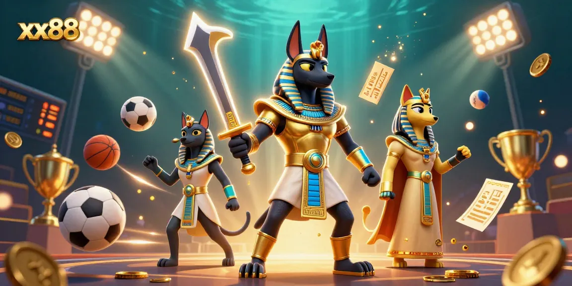 Experience the excitement of winning at xx88, featuring an ancient Egyptian warrior and a sacred cat amidst vibrant gaming elements.