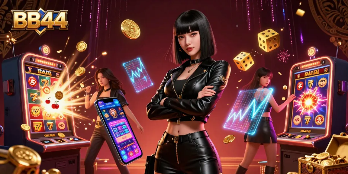 BB44 casino illustration with a stunning Asian woman, dynamic slot machines, and vibrant gaming elements.