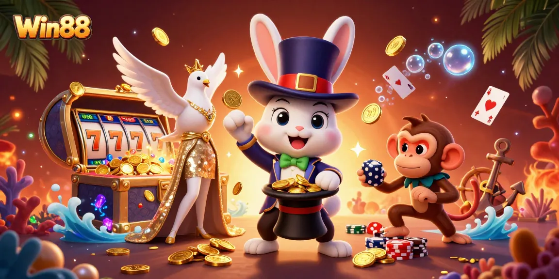 Win88 showcases a cartoon magician rabbit pulling coins, surrounded by lively casino elements.