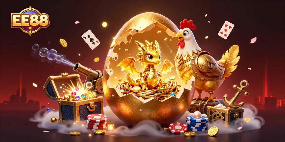 Engage with thrilling EE88 experiences as a golden dragon emerges from a poker chip nest amidst vivid casino elements.