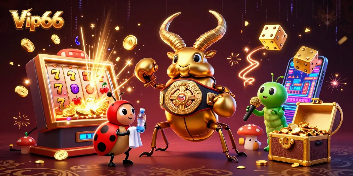Engage in epic gaming at Vip66 with a golden stag beetle boxing champion amid jackpot excitement.
