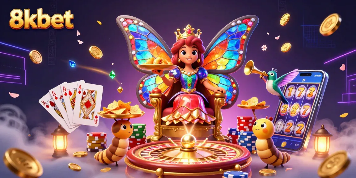 Experience thrilling gaming excitement at 8kbet with vibrant casino elements and enchanting characters.