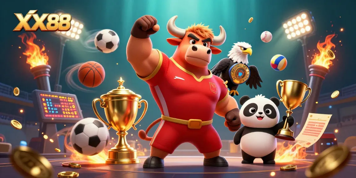 Experience thrilling sports action with XX88 featuring a victorious cartoon bull, eagle, and trophy.