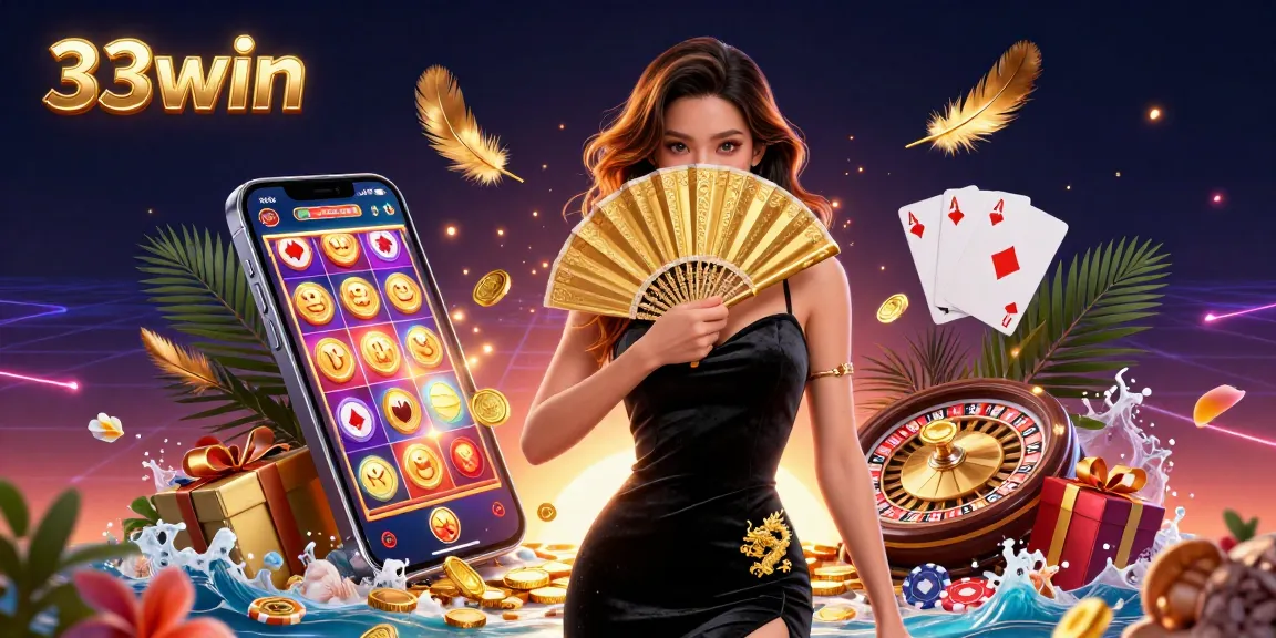 Engage with 33win and explore the excitement of immersive slot games in a vibrant casino illustration.