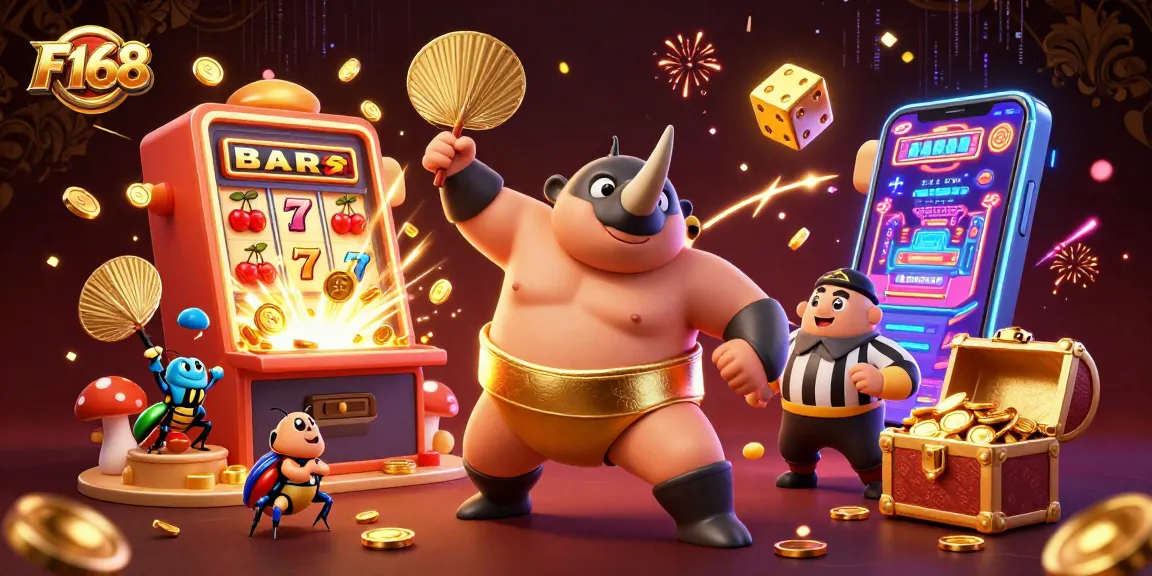 Experience thrilling action at F168 with a rhinoceros beetle champion amidst flying coins and slot wins