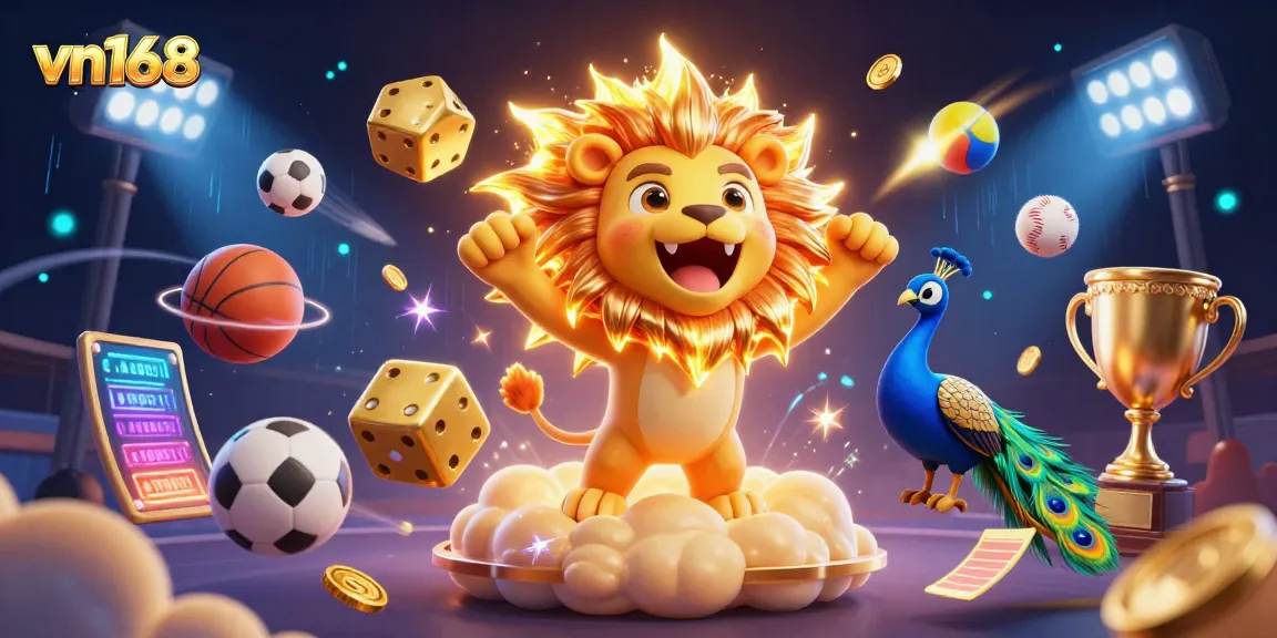 Engage in thrilling action with vn168 as the 3D lion mascot roars triumphantly amidst a vibrant casino scene.