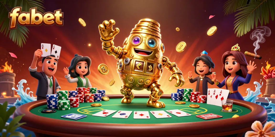 Experience the thrill of fabet as ancient golden golems gather winnings at a vibrant poker table.