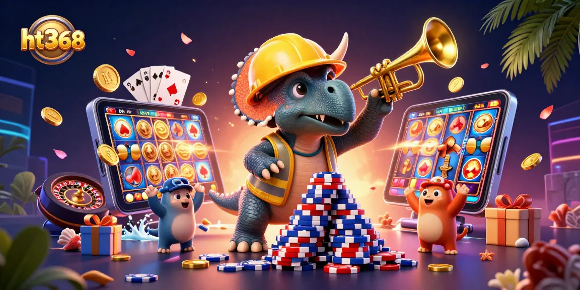 Players enjoying excitement with ht368 as characters celebrate over a pyramid of poker chips.
