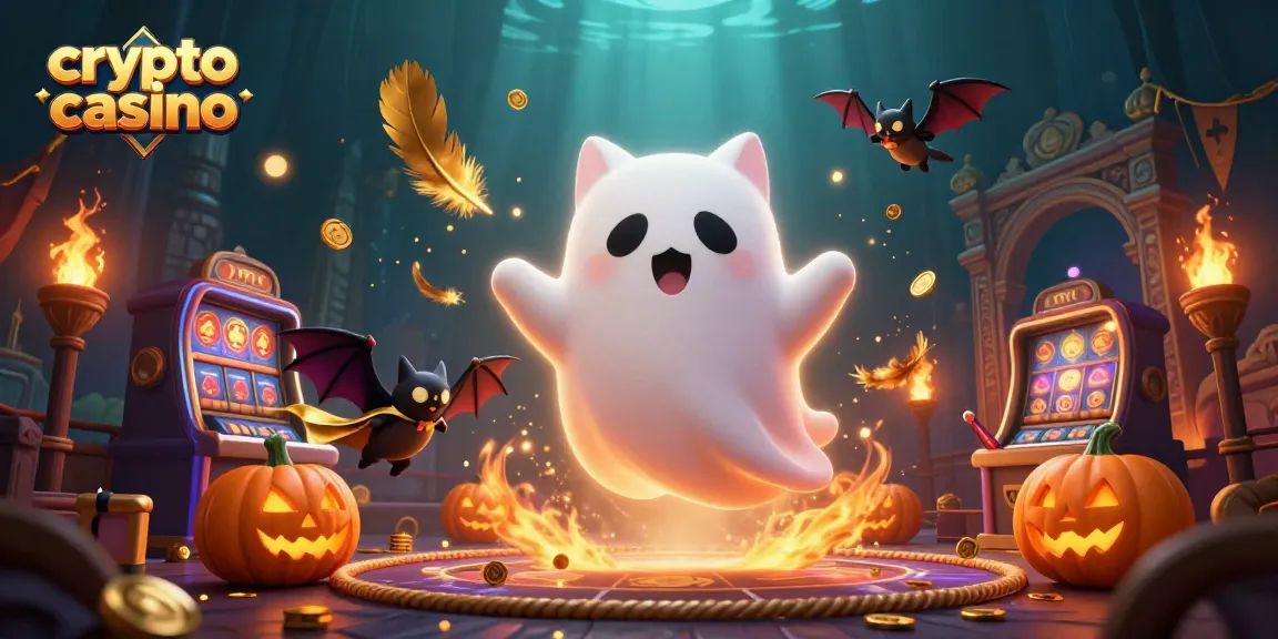 Giocare nel crypto casino mentre il gatto fantasma fluttua tra slot e jack-o-lantern luminosi.