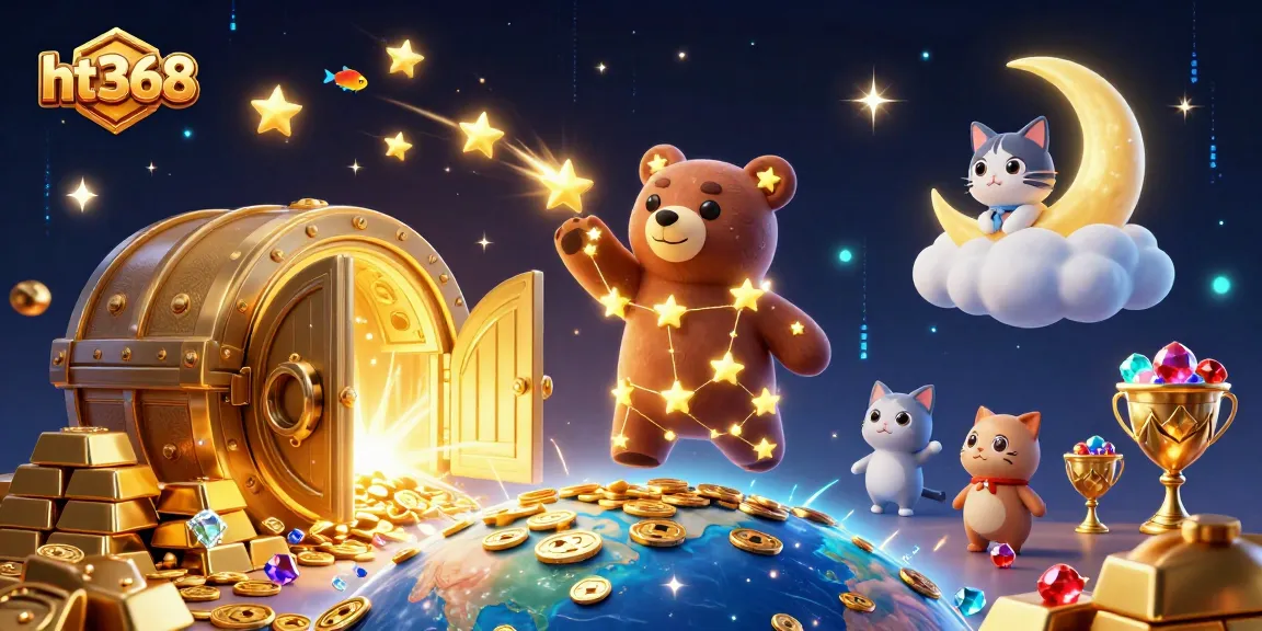 ht368 illuminates the gaming experience with vibrant characters, coins, and treasures in a celestial scene.