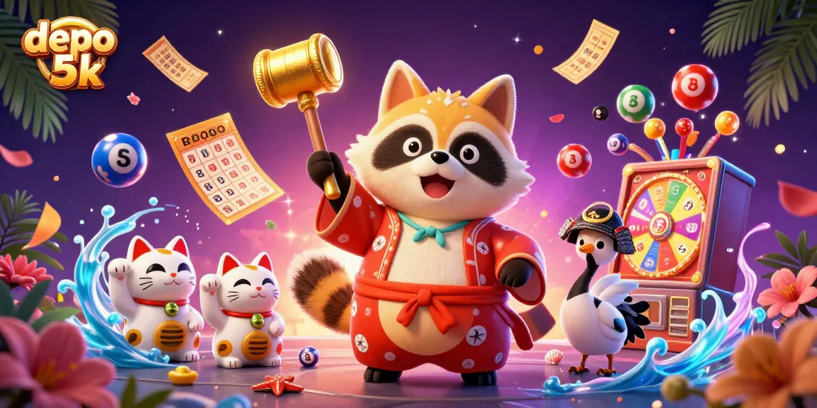 Experience fortunes with depo 5k in a lively casino scene featuring cheerful characters and vibrant game elements.