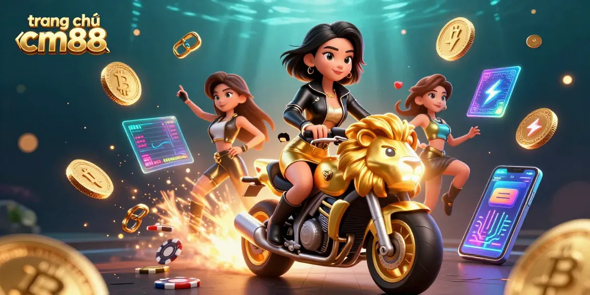 Engage with the vibrant atmosphere of trang chủ cm88 as a glamorous woman rides a golden lion mascot amidst floating cryptocurrencies.
