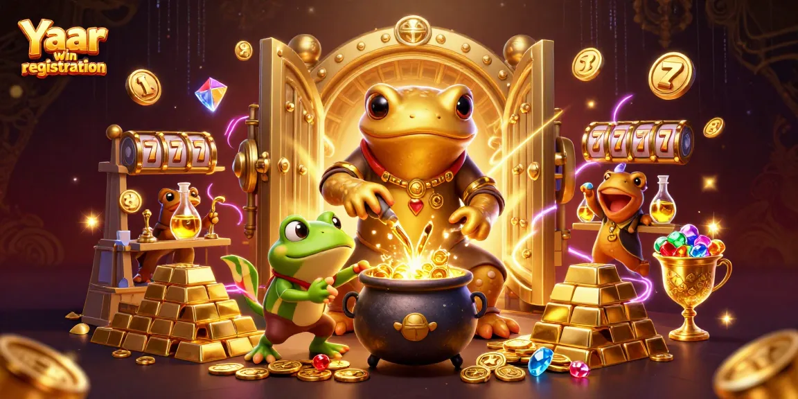 Experience Yaar win registration with this vibrant illustration of gold coins and classic casino reels.