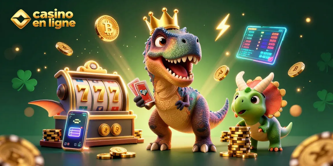 Casino en ligne : T-Rex jouant aux cartes entouré de jetons et de pièces Bitcoin.