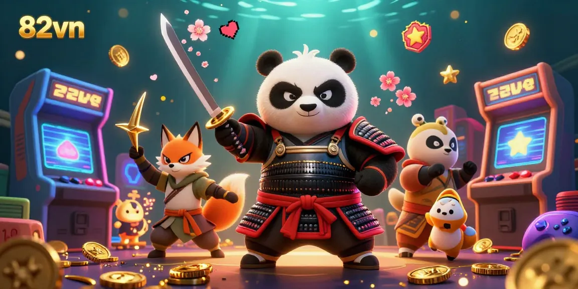 Experience the thrill of 82vn with a samurai panda and ninja fox in action, featuring engaging casino elements.