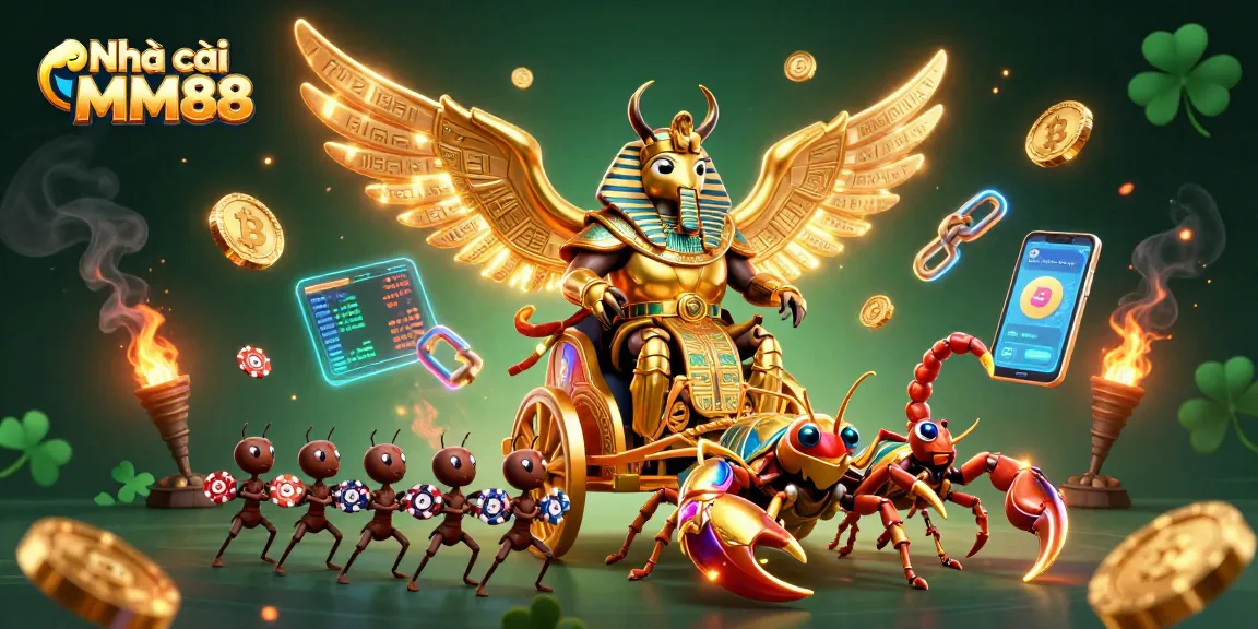 Engage with Nhà cái MM88, illustrated with 3D elements of casino gaming, showcasing vibrant characters and dynamic scenes.