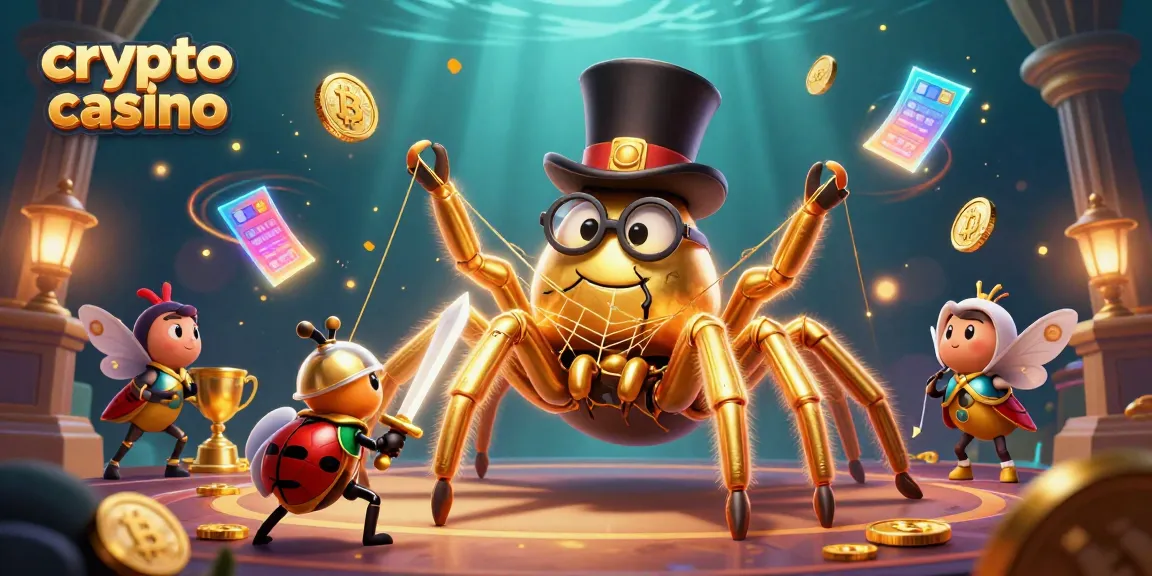 Gioca nel crypto casino con una tarantola dorata e un cavaliere scarabeo tra elementi di gioco e monete bitcoin.