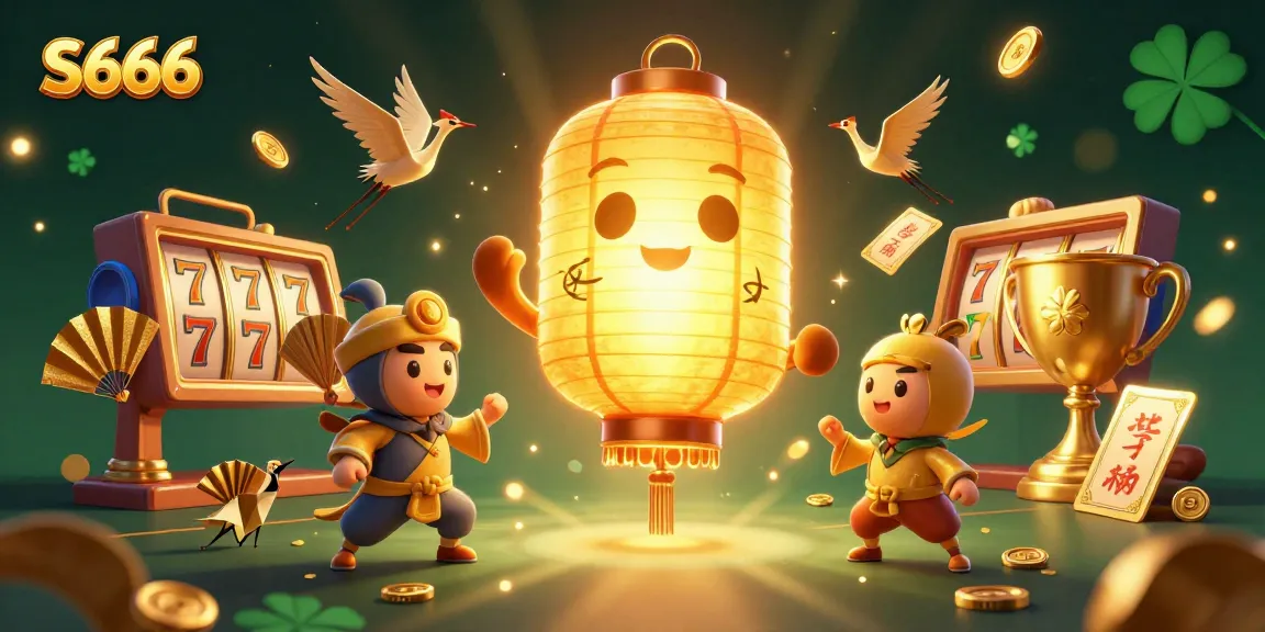 S666 slot game scene featuring a radiant golden lantern spirit immersed in vibrant casino elements and lucky symbols.
