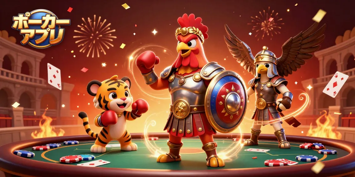 ポーカーアプリでカードを楽しむシーン、戦う2キャラクターと祝祭的な要素が特徴です。