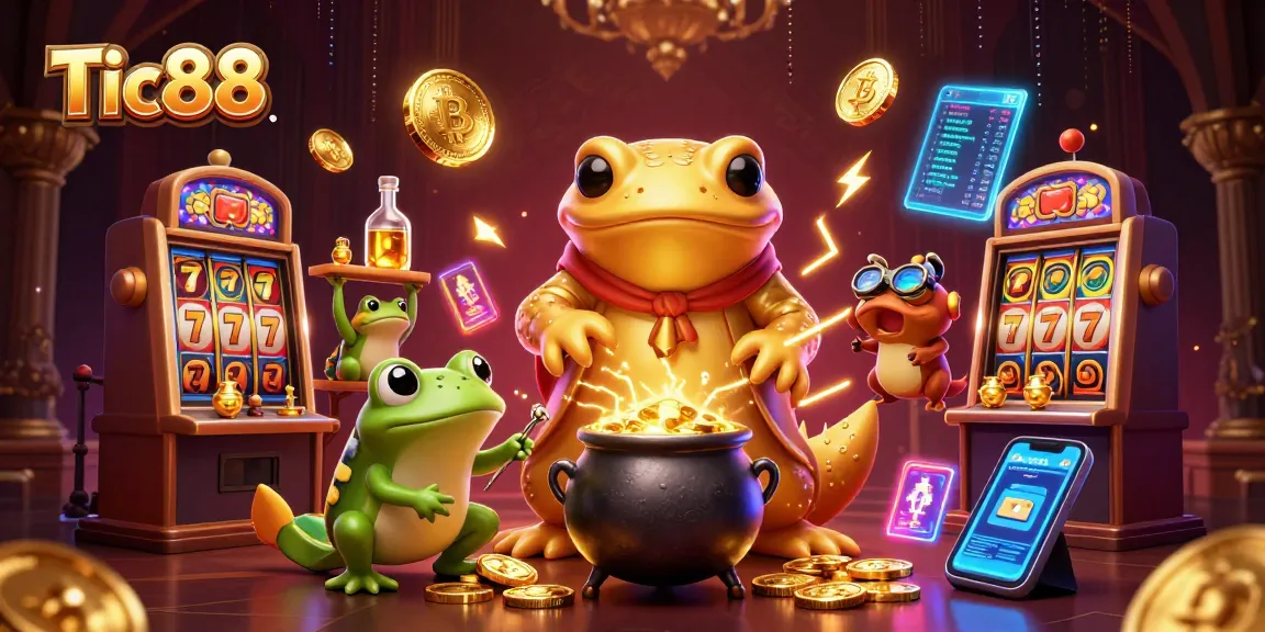 Tic88 offers engaging slot games with a golden salamander alchemist surrounded by winning symbols and crypto coins.