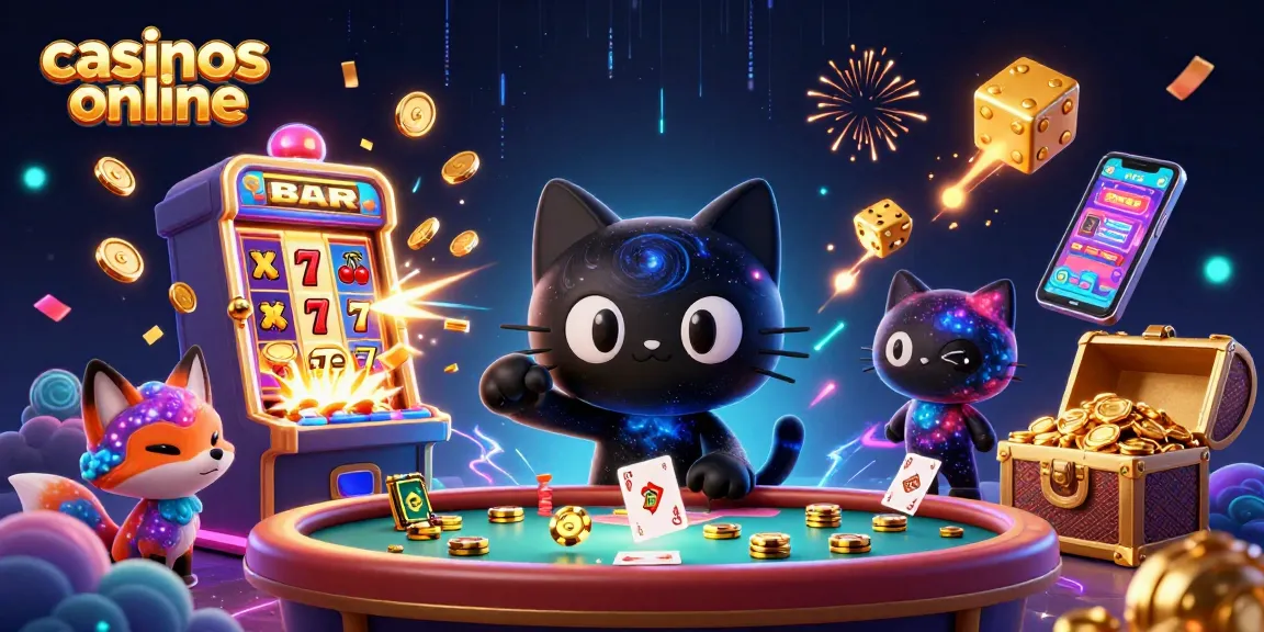 La ilustración muestra un gato negro en un casino online, atrapando fichas y cartas, con un compañero zorro nébula.