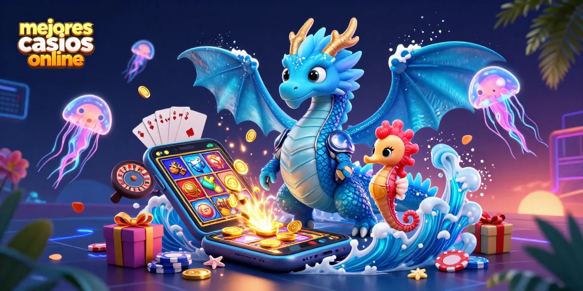 Prueba los mejores casinos online en un emocionante entorno virtual con un dragón de agua y un caballero.