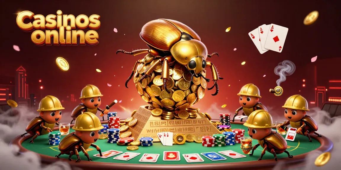 Casinos online: ilustración 3D de un escarabajo dorado empujando monedas en un entorno de juego.