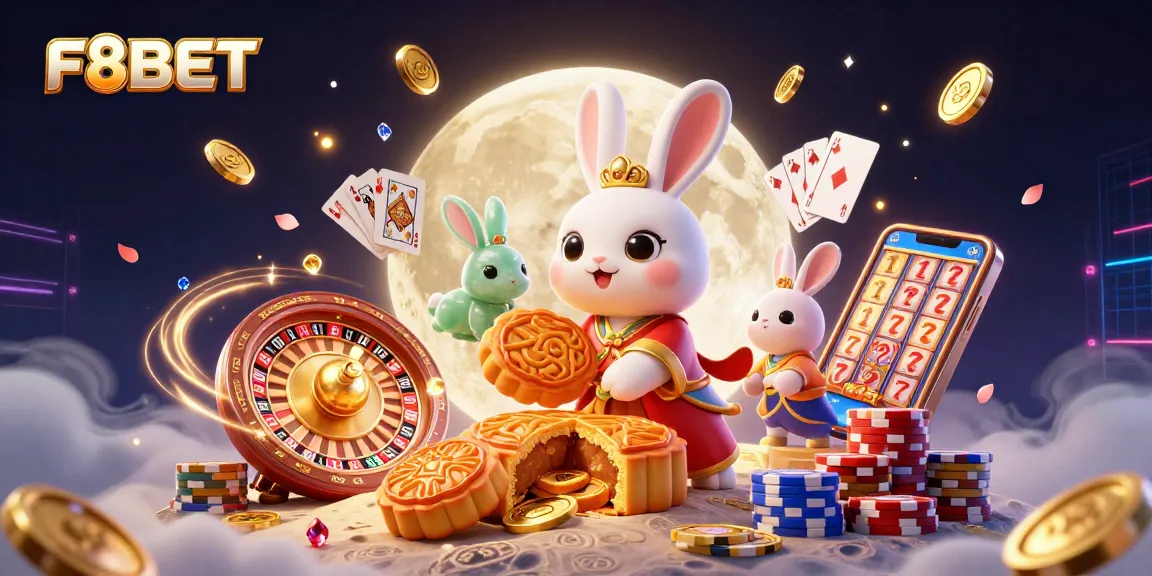 Win big with F8BET: 3D illustration featuring lunar characters and casino elements.